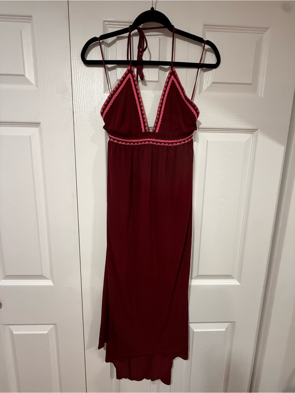 Express Burgundy Halter Maxi Dress with Pink Trim